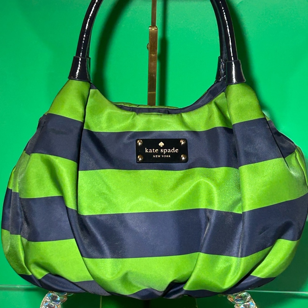 Kate Spade New York w/Green & Blue Stripes Story line Satchel 15.5” x 10” x 4”